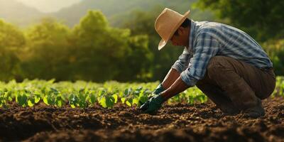 Farmer Planting Seeds in Lush Green Field during Sunrise, Showcasing Sustainable Agriculture Practices and Connection to Nature in Rural Landscape photo