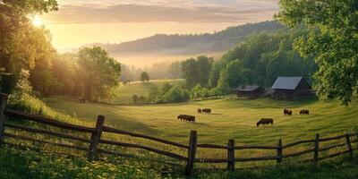 Serene Pastoral Landscape with Cattle Grazing in the Morning Light Surrounded by Lush Greenery and Rolling Hills at Dawn photo