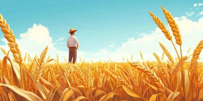 Young Farmer Standing in Golden Wheat Field Under Clear Blue Sky, Surrounded by Tall Grass and Sunlit Clouds in Idyllic Rural Landscape photo