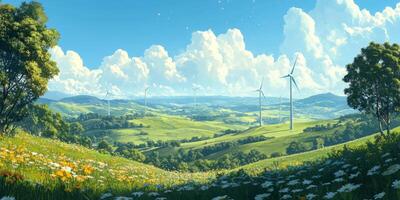 Lush Green Valley with Wind Turbines Under Blue Sky and Fluffy Clouds in Bright Sunlight, Scenic Landscape with Flowers and Nature Peacefulness photo