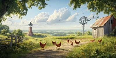 Serene Countryside Landscape with Chickens, Windmills, and a Rustic Shed under a Blue Sky Filled with Fluffy Clouds and Green Lush Fields photo