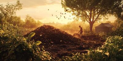 Early morning light illuminates a farmer working in a lush field with a mound of rich soil, surrounded by greenery and a serene landscape in the background. photo