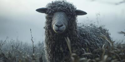 Curious Sheep Standing in Misty Field Surrounded by Grass with Soft Fleece and Gentle Expression at Dawn in Serene Natural Environment photo