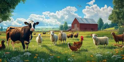 Peaceful Farm Scene with Cows, Sheep, Chickens, and Barn Under Bright Blue Sky and Fluffy Clouds Surrounded by Green Grass and Wildflowers photo
