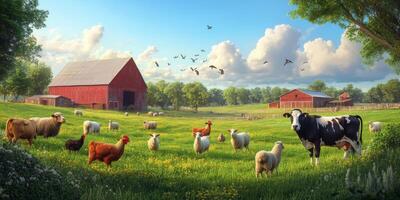 Tranquil Farm Scene with Livestock, Vibrant Green Fields, Red Barn, Clear Blue Sky, and Soaring Birds in a Peaceful Rural Landscape photo