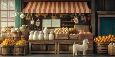 Charming Rustic Market Scene with Fresh Produce, Jars, Baskets, and a Playful Goat in a Bright and Inviting Setting photo