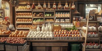 Fresh Farm Produce Displayed in Rustic Grocery Store with Eggs, Milk, Vegetables, and Jars of Preserves for a Homey Market Atmosphere photo