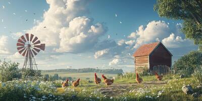 Scenic rural landscape with chickens roaming freely near a rustic barn and windmill under a beautiful cloudy sky in a peaceful countryside setting photo