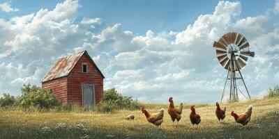 Rustic Farm Scene with Red Barn, Windmill, and Clucking Chickens Under a Bright Blue Sky with Fluffy White Clouds in a Lush Green Field photo