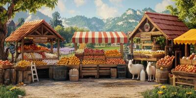 Vibrant Fruit Market with Colorful Stalls Surrounded by Nature, Mountains, and Lush Greenery, Showcasing Fresh Produce in a Scenic Rural Setting photo