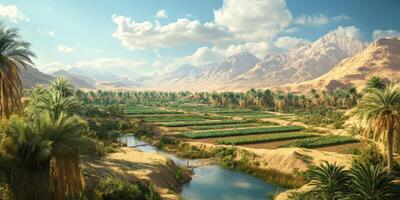 Serene Desert Oasis with Lush Green Fields, Majestic Mountains, Bright Blue Sky, and Silky River Flowing Through Palm Trees and Nature's Splendor photo