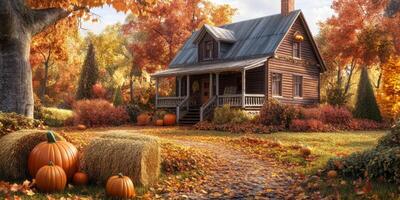 Charming Rustic House Surrounded by Vibrant Autumn Foliage with Pumpkin Decorations in a Serene Landscape of Fall Colors photo