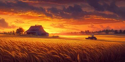 Serene Golden Sunset over Wheat Field with Barn and Tractor, Capturing Tranquility in Farm Life and Nature's Beauty at Dusk photo