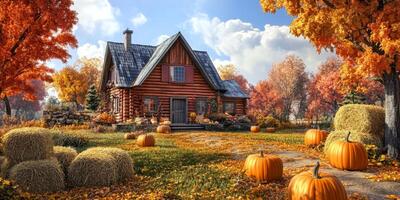 Charming rustic house in a picturesque autumn landscape with vibrant orange pumpkins, golden leaves, and clear blue skies highlighting seasonal beauty photo