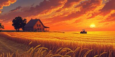 Serene Golden Wheat Field at Sunset with a Charming Farmhouse and Tractor under Dramatic Sky Illuminated by Warm Orange and Yellow Hues of Dusk photo