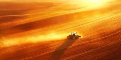 Tractors Working in Beautiful Golden Fields at Sunset Creating Dust Trails Over Rolling Hills for Agriculture and Farming Concept photo