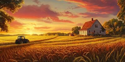 Serene Sunset Over Golden Wheat Field with Tractor and Farmhouse in Rustic Countryside Landscape photo