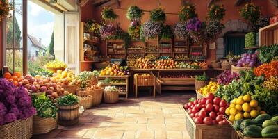 Vibrant Farmers Market Interior Featuring Abundant Fresh Fruits, Colorful Vegetables, Bright Flowers, and Rustic Wooden Displays in a Cozy Setting photo