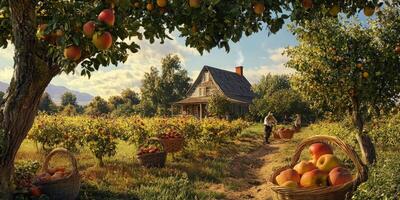 Serene Apple Orchard with Baskets of Freshly Harvested Fruit and a Cozy Farmhouse Under a Bright Blue Sky Amidst Lush Green Fields photo