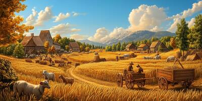 Tranquil Rural Landscape with Golden Wheat Fields, Farm Animals, Farmers, and Charming Homesteads Under a Bright Blue Sky photo