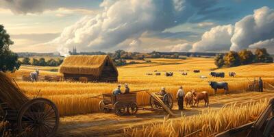 Serene Countryside Landscape with Rolling Fields, Traditional Barns, Cattle Grazing, and Farmers Working Under a Dramatic Sky photo