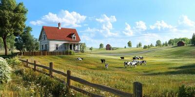 Serene Countryside Landscape with Farmhouse, Grazing Cows, and Rolling Green Hills Under a Bright Blue Sky and Fluffy White Clouds photo