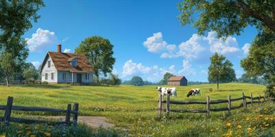 Serene Countryside Landscape with White House, Green Pastures, Grazing Cows, and Lush Trees Under Blue Sky with Fluffy Clouds in Rural Setting photo