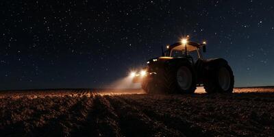 Tranquil Night Landscape Featuring Tractor Illuminating Fields Under Starry Sky in Rural Setting photo