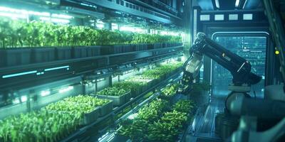 Futuristic Indoor Vertical Farming Utilizing Robotic Technology for Efficient Plant Growth and Sustainable Agriculture Solutions in Controlled Environment photo
