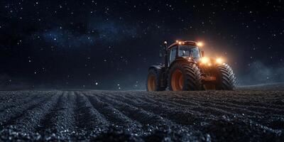 Nighttime Agriculture Scene with Tractor Under Starry Sky in Vast Open Field, Highlighting Farming Technology and Rural Landscape Aesthetics photo