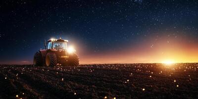 Serene Night Scene of a Tractor in a Field Under Starry Sky with Shimmering Lights and Sunset Horizon, Capturing Rural Agricultural Beauty at Dusk photo