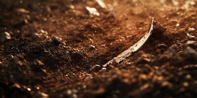 Glimmering Piece of Metal Half-Buried in Rich Brown Soil with Light Flares and Dust Particles in Warm Natural Environment photo