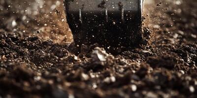Close-up of Soil Being Disrupted by a Metal Shovel, Dirt Flying in the Air with Detail Showing Rich Brown Texture and Organic Material During Outdoor Gardening Activity photo
