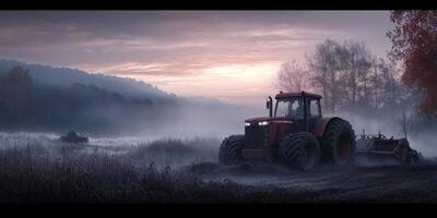 A Red Tractor in Misty Agricultural Landscape during Dawn with Soft Light and Gentle Fog Over Fields and Trees photo