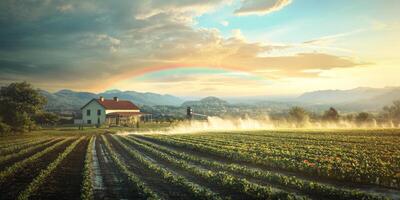 Tranquil Rural Landscape with Vibrant Crop Fields, Majestic Mountains, Colorful Rainbow and Idyllic Farmhouse under a Beautiful Sunset Sky photo
