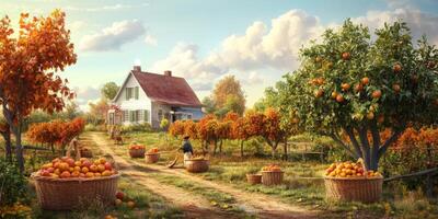 Serene Autumn Orchard with Bountiful Harvest, Charming House, Vibrant Orange Trees, Scenic Fall Landscape, Workers Gathering Citrus Fruits photo