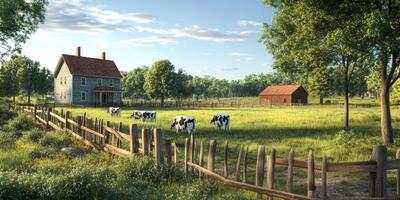 Serene Countryside Landscape with Cows Grazing in Green Pasture Near Farmhouse and Barn Under Blue Sky and Cotton Candy Clouds photo