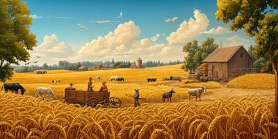 Scenic rural landscape with golden wheat field, farmers, livestock, traditional barn, blue sky, fluffy clouds, harvesting activity in warm sunlight photo