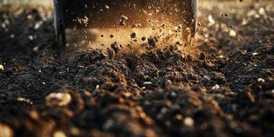 Close-Up of Soil Being Tilled by Agricultural Equipment with Dust Clouds Rising, Capturing the Essence of Farming and Cultivation Techniques photo