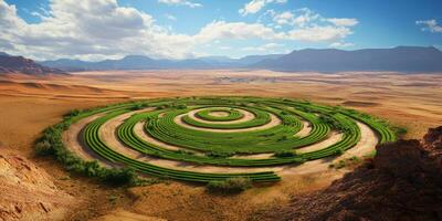 Aerial View of Spiraling Green Crop Patterns in a Desert Landscape Under a Bright Blue Sky and Fluffy White Clouds photo