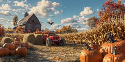 Autumn Harvest Scene with Vibrant Pumpkins, Rustic Red Tractor, Golden Cornfield, and Lush Fall Foliage against a Clear Blue Sky photo