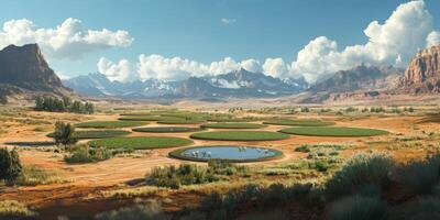Scenic Landscape of Fertile Land with Irrigated Fields and Majestic Mountains Under a Clear Blue Sky and Fluffy Clouds photo