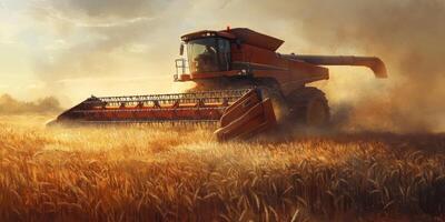 Harvesting Machine in Action During Sunset Over Wheat Field with Dust Clouds Rising Behind It Creating a Golden Agricultural Landscape photo