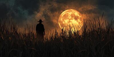 Silhouette of a Mysterious Figure Standing in a Dark Field Under a Full Moon with Dramatic Clouds Illuminating the Night Sky photo