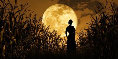Silhouetted Figure in Cornfield Under Full Moon with Dramatic Sunset Sky Featuring Dark Clouds and Night Atmosphere photo