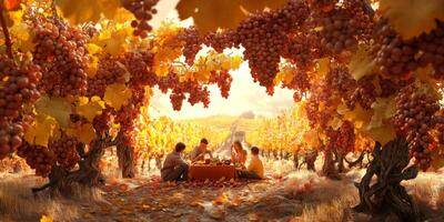 Autumn Vineyard Picnic Amidst Golden Leaves and Abundant Grapes, Celebrating Nature's Bounty with Friends in a Tranquil Scenic Landscape photo
