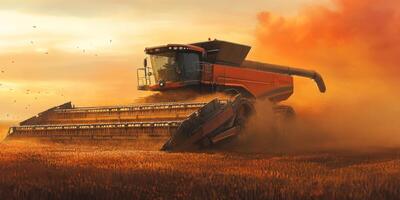 Modern Agricultural Machinery Harvesting Golden Grain at Sunrise in Rural Landscape with Dust and Dramatic Sky Background photo