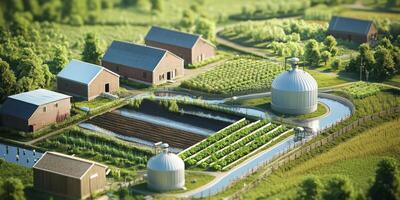 Aerial View of a Modern Farm with Barns, Crops, and Water Features Surrounded by Lush Green Fields and Trees in a Serene Rural Landscape photo