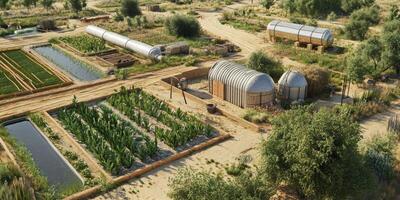 Aerial View of Sustainable Farming Community with Greenhouses, Crop Fields, and Water Channels in an Arid Landscape photo