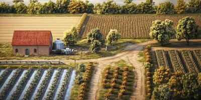 Serene Aerial View of Rural Landscape Featuring Vineyard, Fields, Rustic Barn, Tree-Lined Path, and Peaceful Agricultural Setting in Golden Hour Light photo